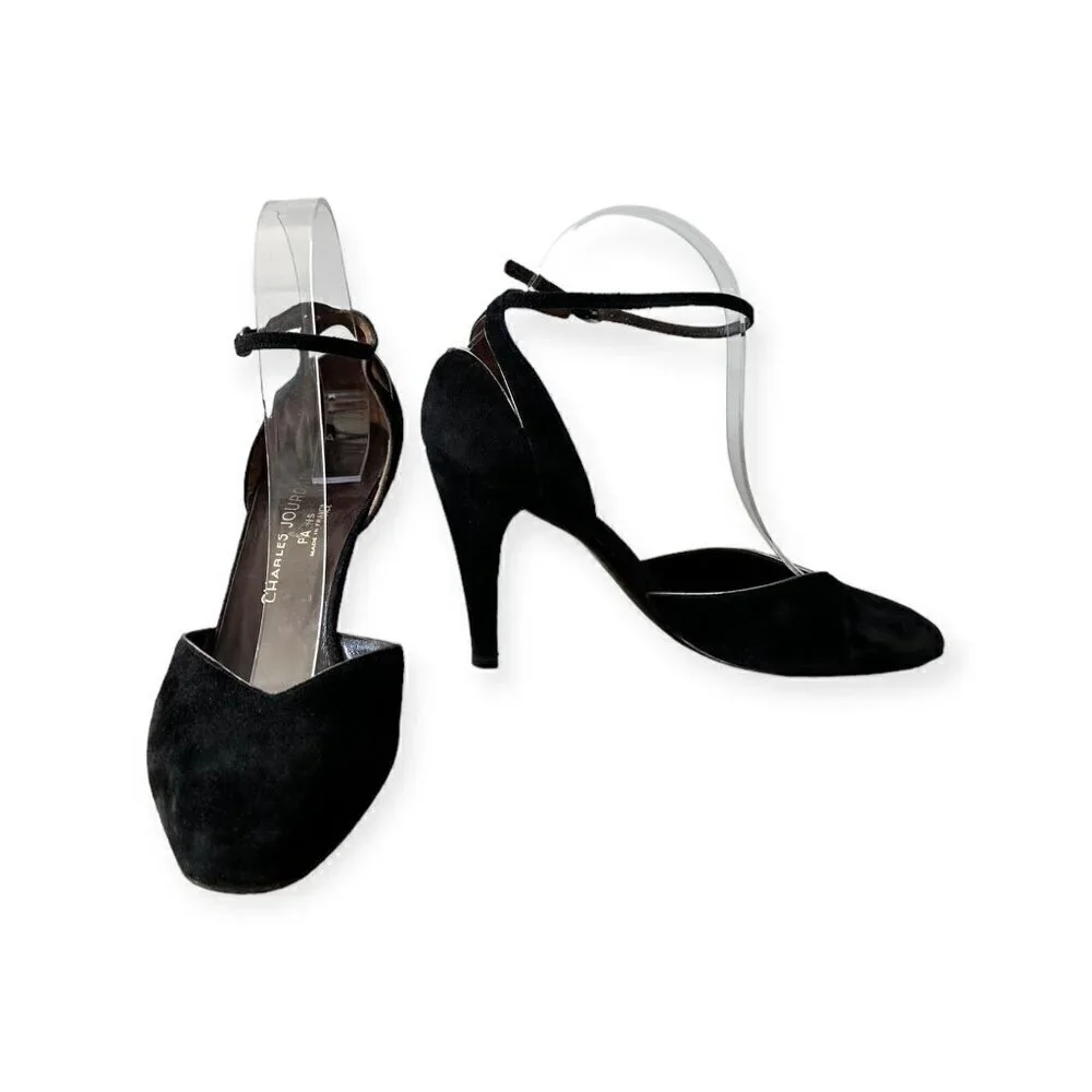 Vintage Charles Jourdan Black Suede Ankle Strap Pumps,  Size 8 1/2
